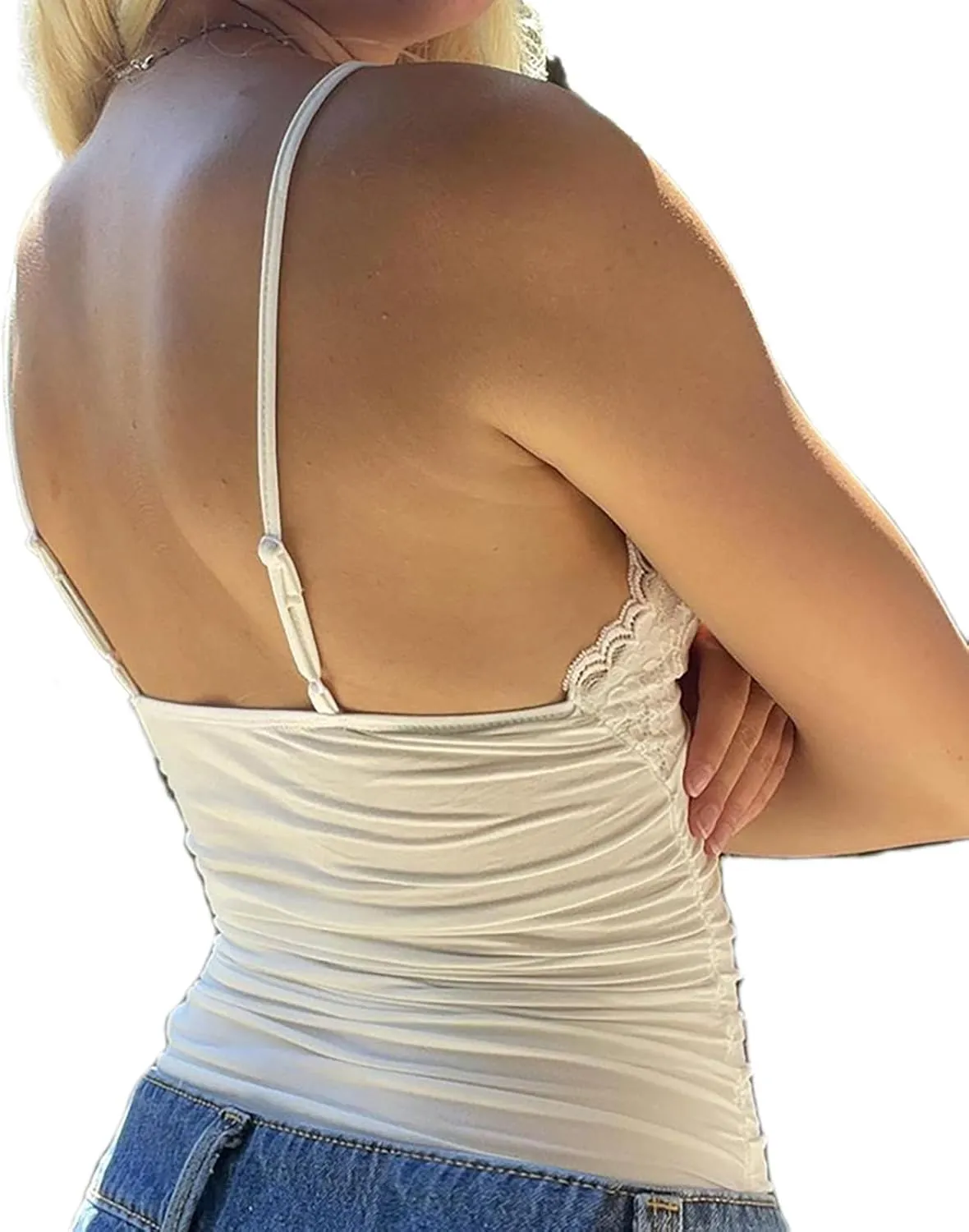 ICNGLKSND Women's Floral Lace Tank Top Bow Mesh V Neck Slim Fitted Spaghetti Strap Sleeveless Camisole Tops