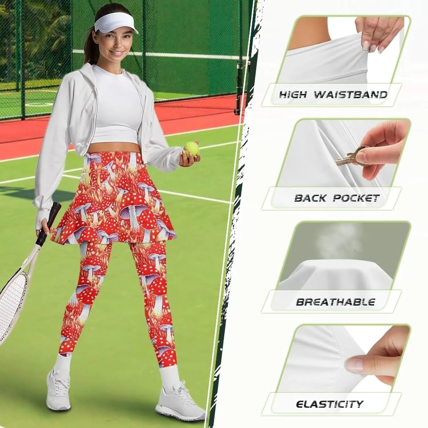 Irisjudy Yoga Legging with Skirts Women Forest Red Mushroom Tennis Pants Leggings Skirts Hawaii Sea Turtle Workout Leggings