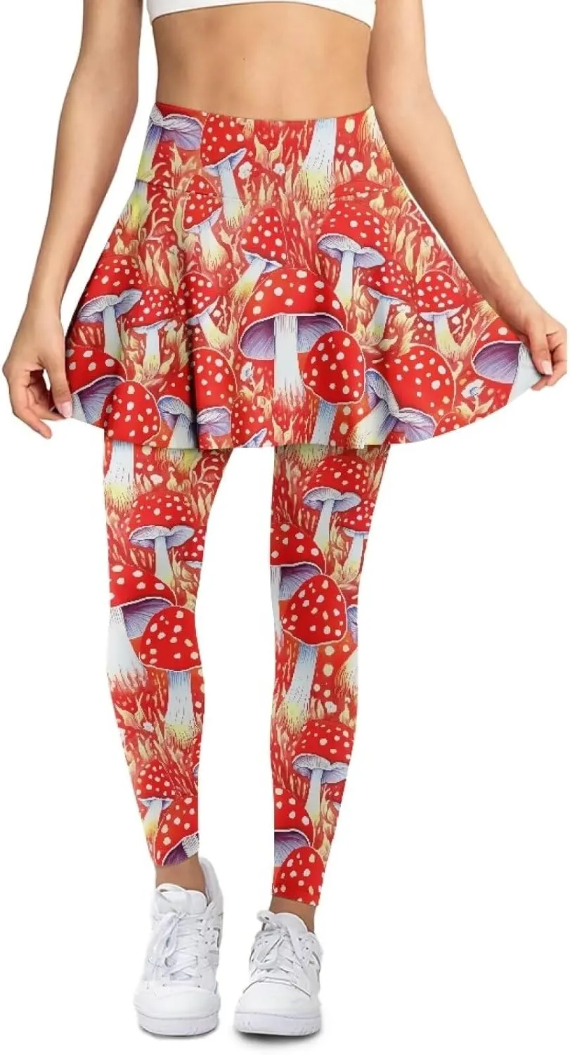 Irisjudy Yoga Legging with Skirts Women Forest Red Mushroom Tennis Pants Leggings Skirts Hawaii Sea Turtle Workout Leggings