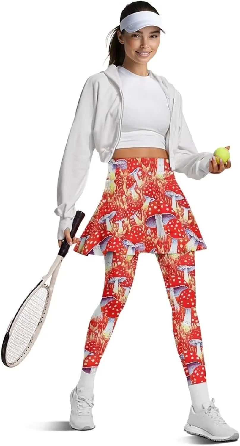 Irisjudy Yoga Legging with Skirts Women Forest Red Mushroom Tennis Pants Leggings Skirts Hawaii Sea Turtle Workout Leggings