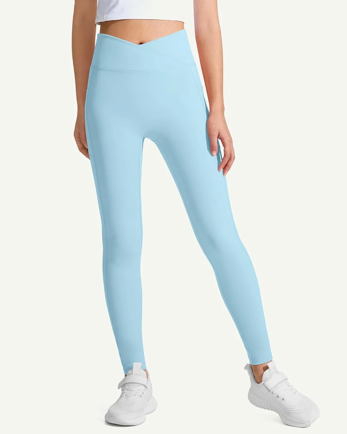 JOCMIC Girls Athletic Leggings Cross High Waist for Kids Yoga Dance Gym Pants with Pocket