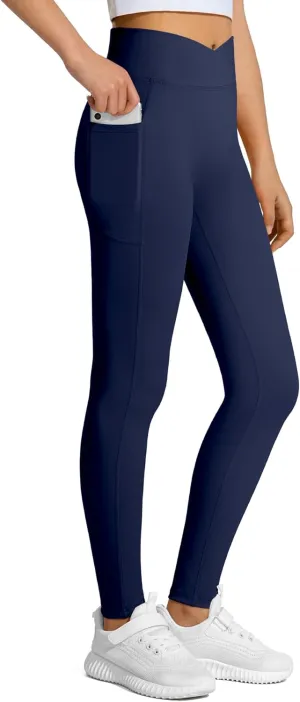 JOCMIC Girls Athletic Leggings Cross High Waist for Kids Yoga Dance Gym Pants with Pocket