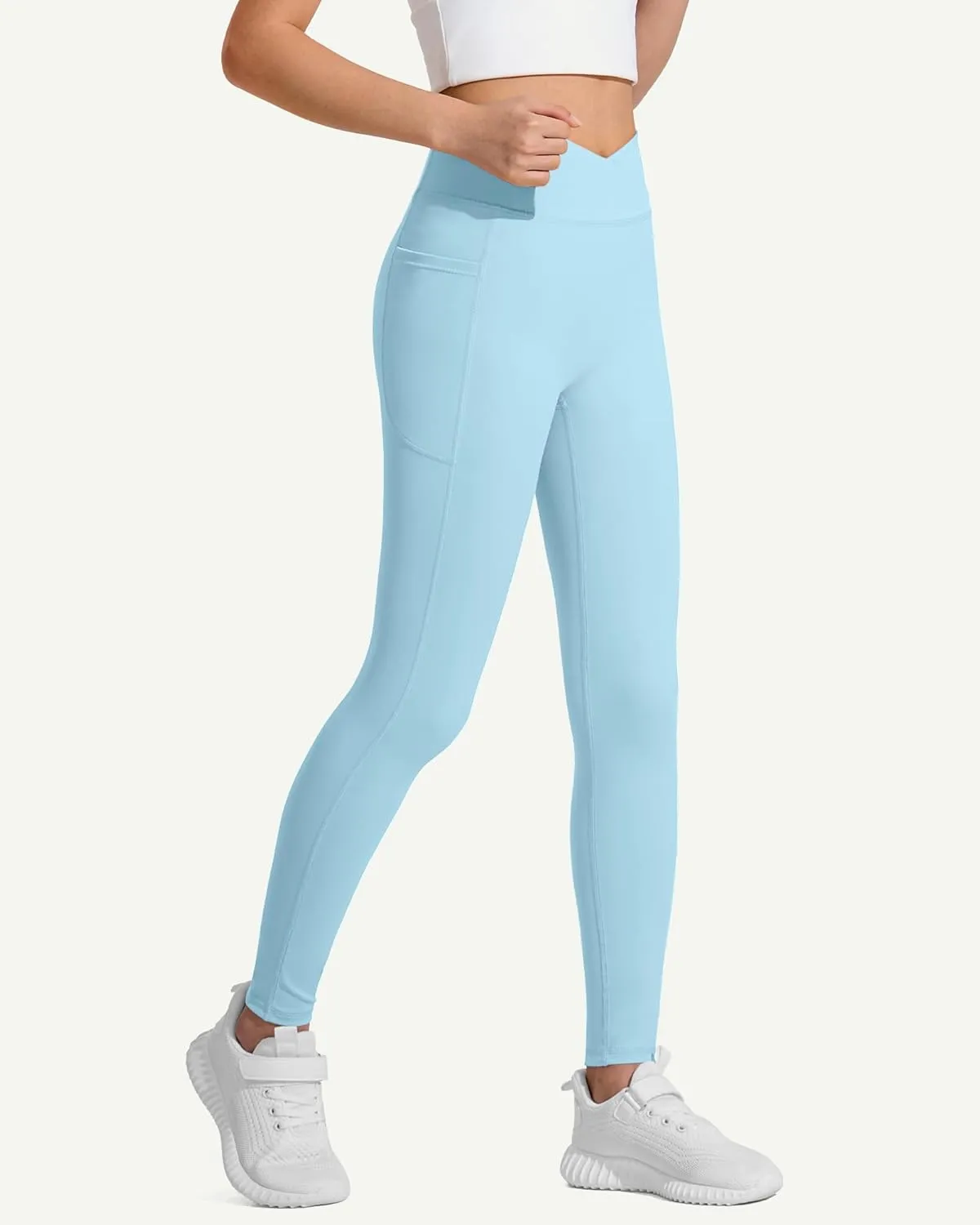 JOCMIC Girls Athletic Leggings Cross High Waist for Kids Yoga Dance Gym Pants with Pocket