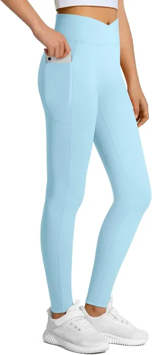 JOCMIC Girls Athletic Leggings Cross High Waist for Kids Yoga Dance Gym Pants with Pocket
