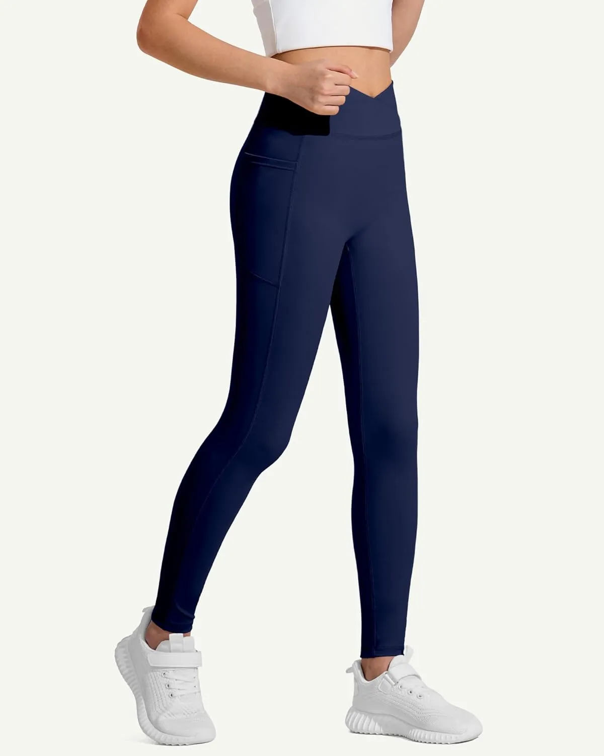 JOCMIC Girls Athletic Leggings Cross High Waist for Kids Yoga Dance Gym Pants with Pocket