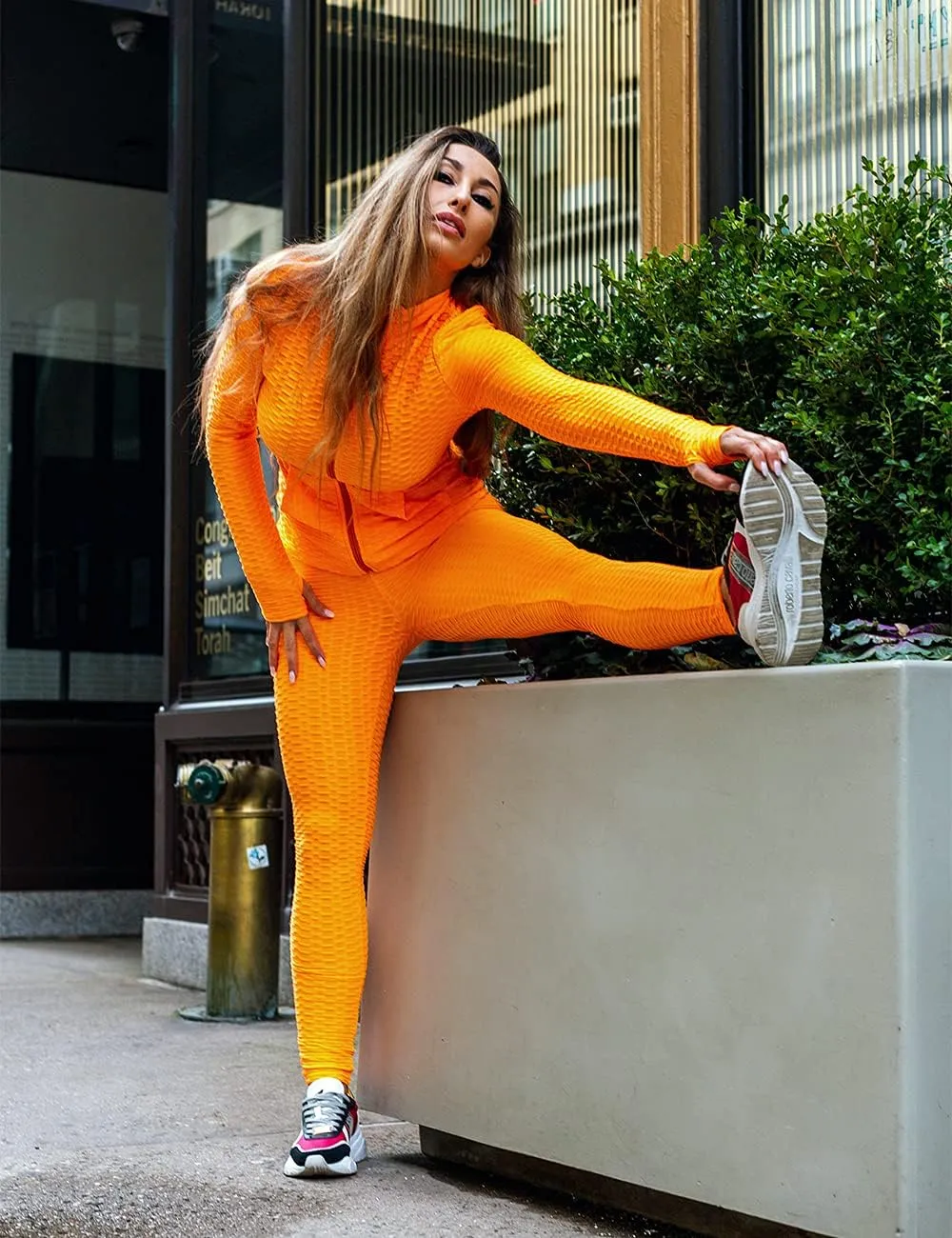 Jogging Suits for Women, Textured 2 Piece Outfit Long Sleeve Full Zip Jacket Skinny Pants Tracksuit Set