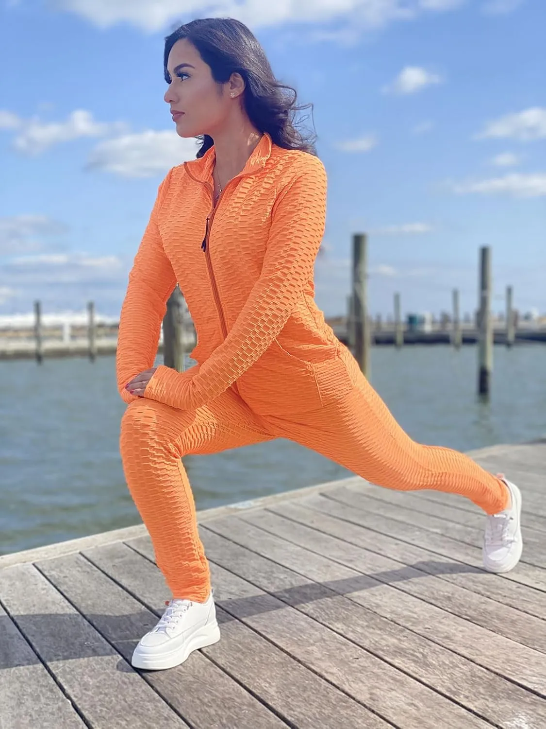 Jogging Suits for Women, Textured 2 Piece Outfit Long Sleeve Full Zip Jacket Skinny Pants Tracksuit Set