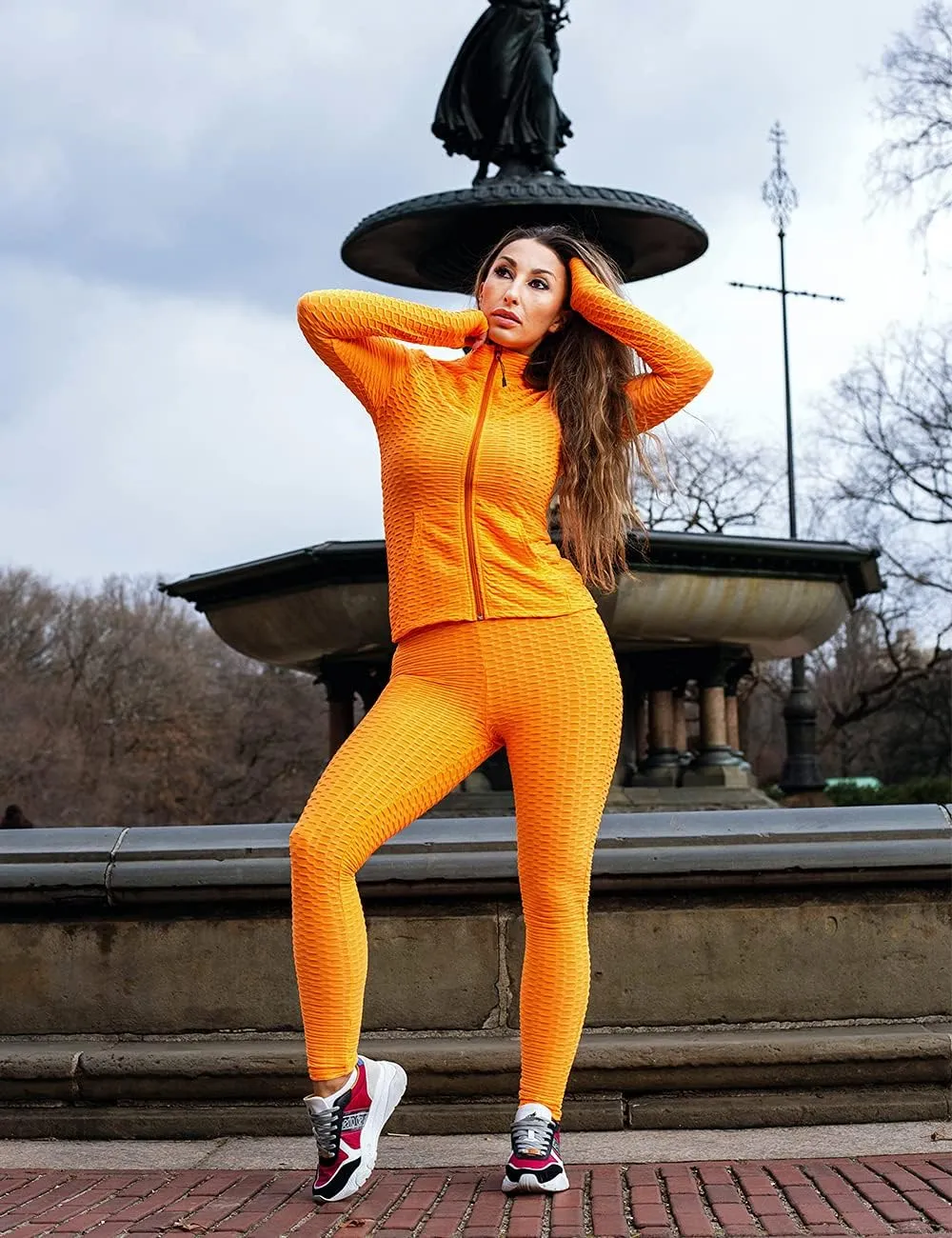 Jogging Suits for Women, Textured 2 Piece Outfit Long Sleeve Full Zip Jacket Skinny Pants Tracksuit Set