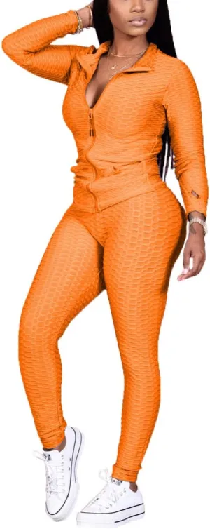Jogging Suits for Women, Textured 2 Piece Outfit Long Sleeve Full Zip Jacket Skinny Pants Tracksuit Set