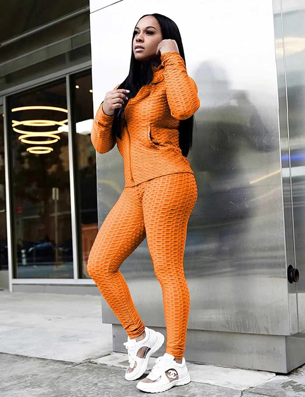 Jogging Suits for Women, Textured 2 Piece Outfit Long Sleeve Full Zip Jacket Skinny Pants Tracksuit Set