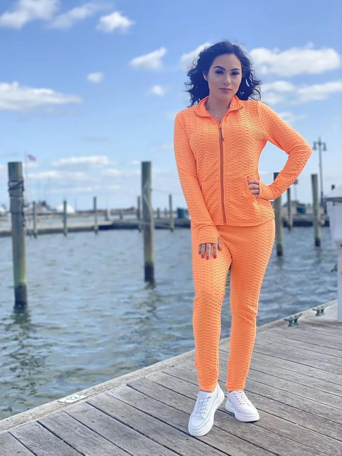 Jogging Suits for Women, Textured 2 Piece Outfit Long Sleeve Full Zip Jacket Skinny Pants Tracksuit Set