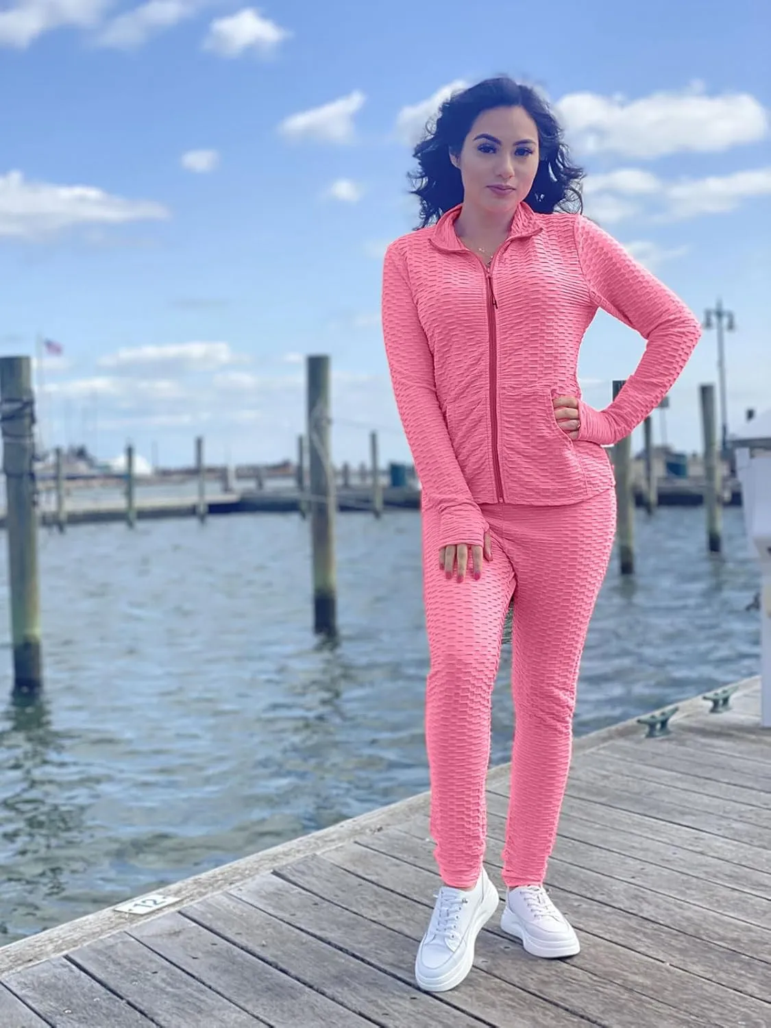 Jogging Suits for Women, Textured 2 Piece Outfit Long Sleeve Full Zip Jacket Skinny Pants Tracksuit Set