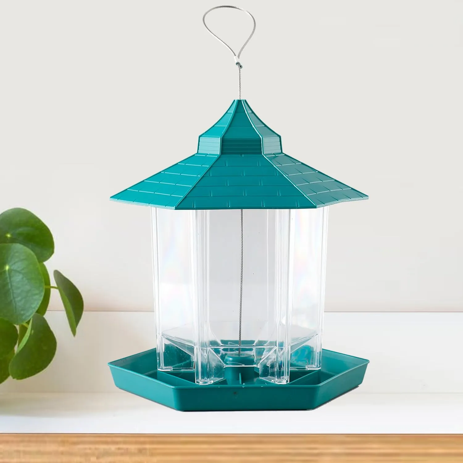 Kuber Industries Bird Feeder for Balcony Grill|PP Grain Holder for Garden, Outdoor|Stylish Hut Shape with Hanging Wire (Green)