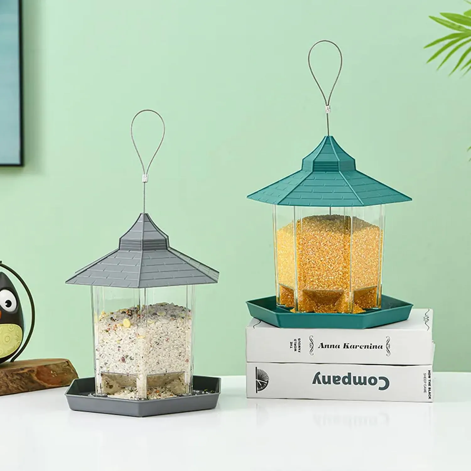 Kuber Industries Bird Feeder for Balcony Grill|PP Grain Holder for Garden, Outdoor|Stylish Hut Shape with Hanging Wire (Green)