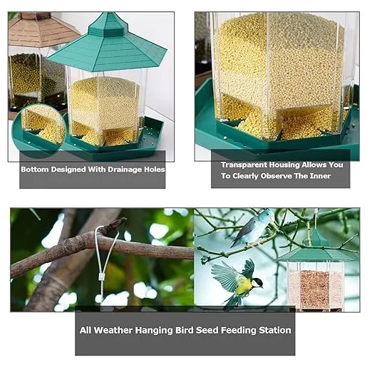 Kuber Industries Bird Feeder for Balcony Grill|PP Grain Holder for Garden, Outdoor|Stylish Hut Shape with Hanging Wire (Green)
