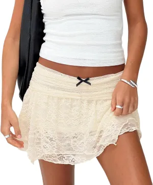 Lace Mini Skirts for Womens Low Rise Ruffle Layered Flowy Pleated Skirt Y2k Bloomer Micro Slip Shorts Skort Skirt