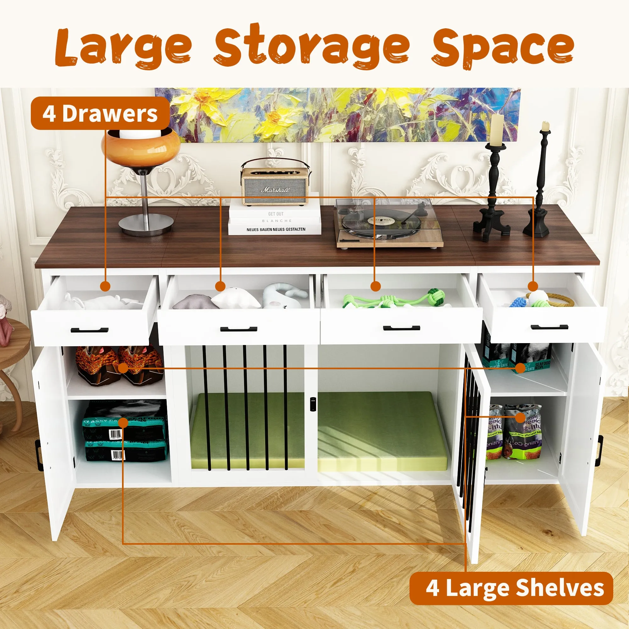 Large Dog Crate with 4 Drawers and 3 Doors