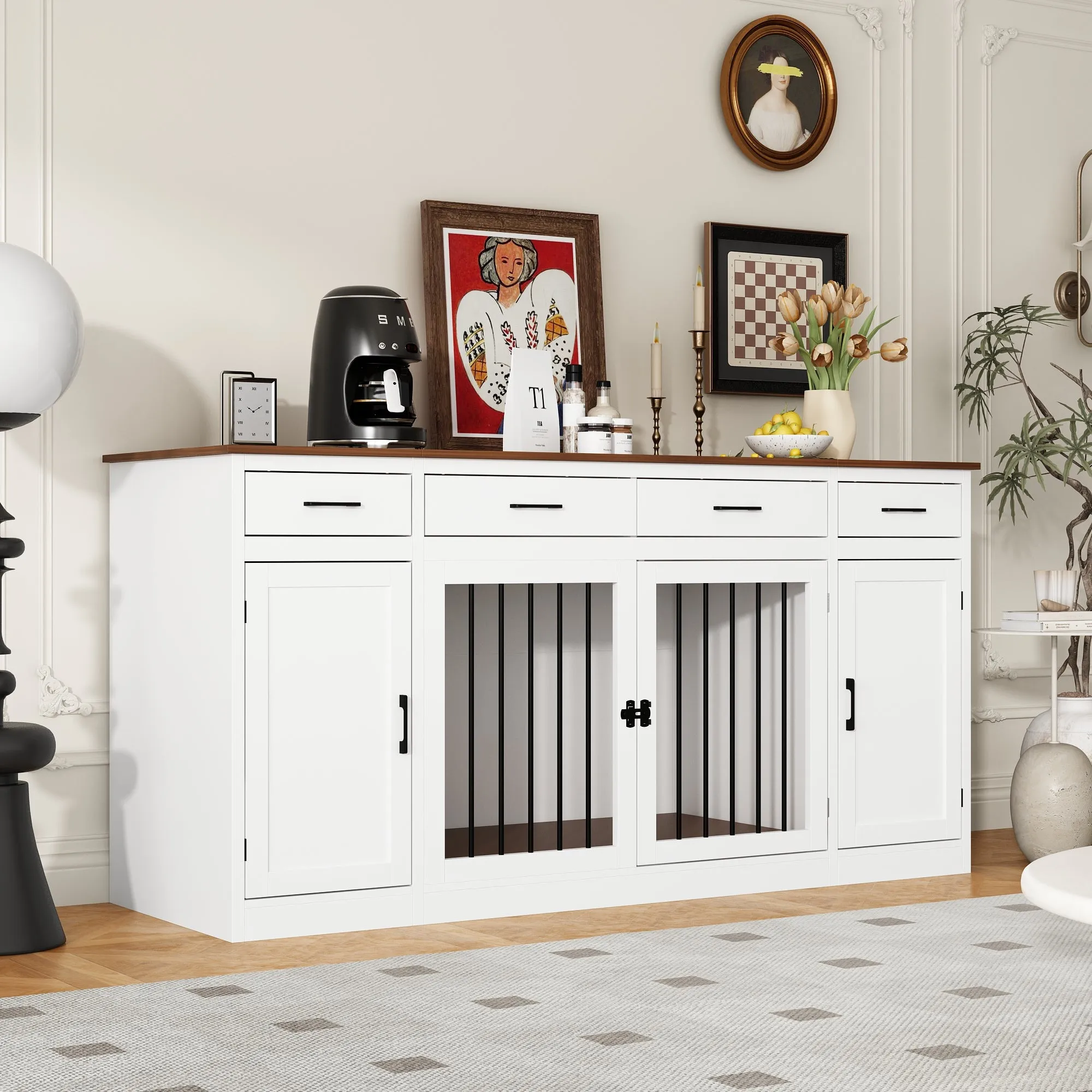 Large Dog Crate with 4 Drawers and 3 Doors