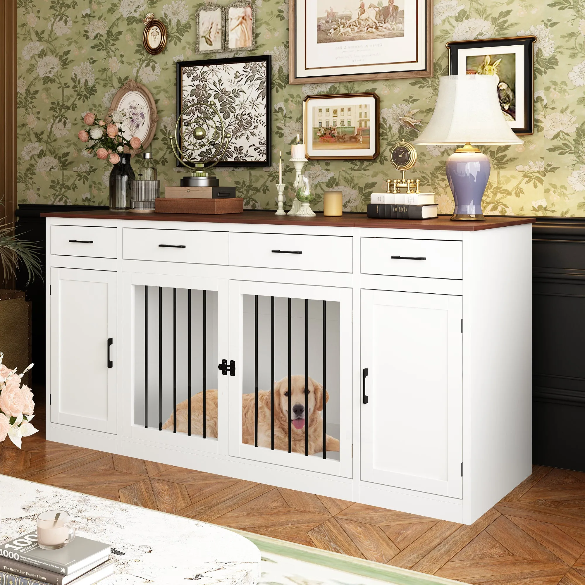 Large Dog Crate with 4 Drawers and 3 Doors