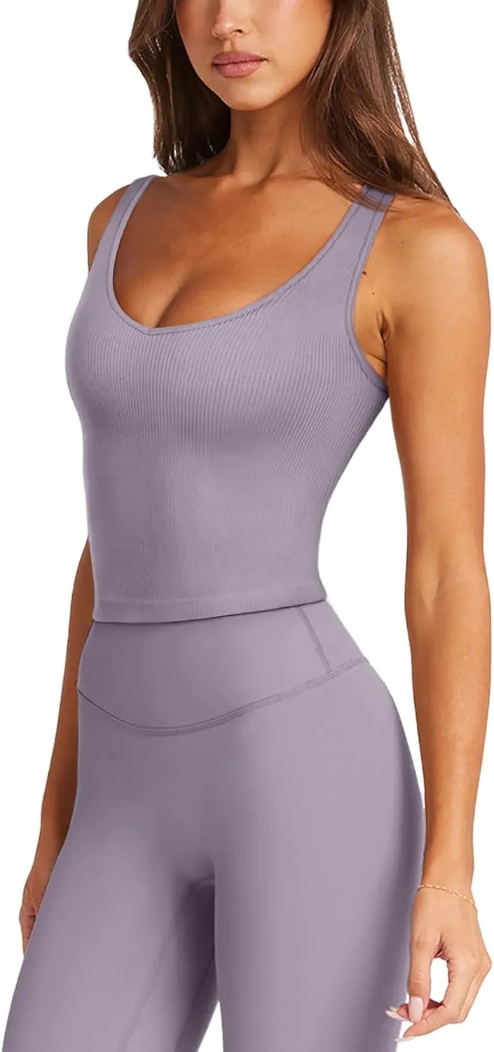 LASLULU Womens Longline Sports Bra Ribbed Seamless Wirefree Padded Tank Tops Medium Support Workout Casual Crop Tops