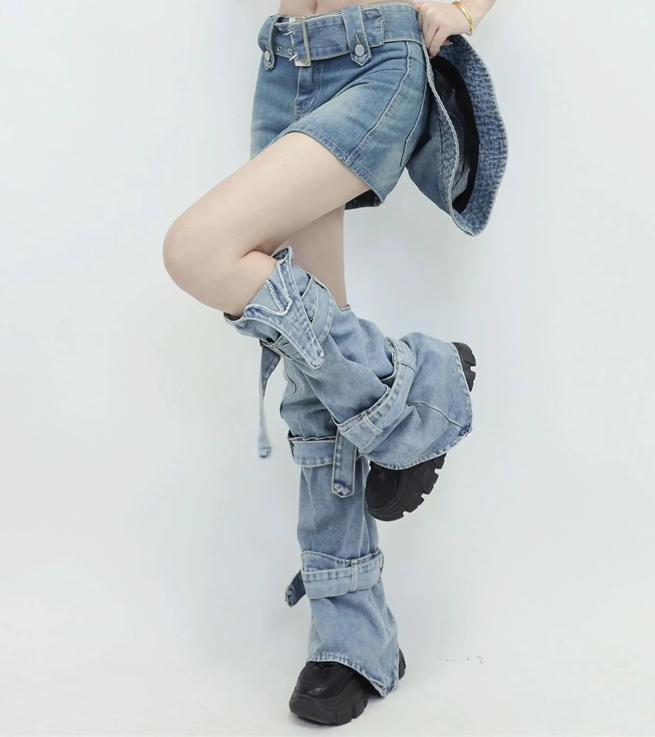 Leg Warmers for Women&Girls Y2K Kawaii Cool Goth Flared Leg Warmers Gyaru Punk Long Leg Baggy Grunge Socks Denim