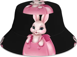 Little Bunny in Pink Bag Pattern Reflective Bucket Hat for Men and Women Foldable Headwear for Outdoor Activities, Black, One Size