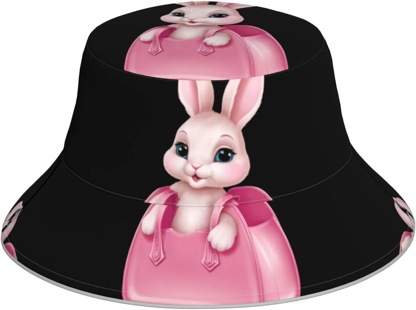 Little Bunny in Pink Bag Pattern Reflective Bucket Hat for Men and Women Foldable Headwear for Outdoor Activities, Black, One Size