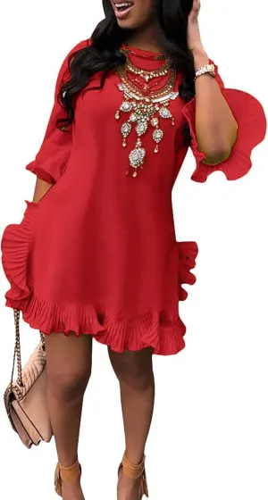 LKOUS Women Short Sleeve Round Neck Ruffles Hem Loose Midi Dresses Casual Short Dress