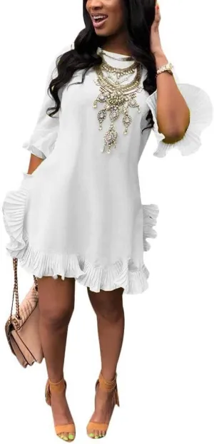 LKOUS Women Short Sleeve Round Neck Ruffles Hem Loose Midi Dresses Casual Short Dress
