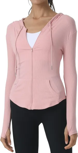 Locachy Womens Slim Fit Full Zip Hoodie Athletic Jacket Yoga Workout Running Jackets with Thumb Holes