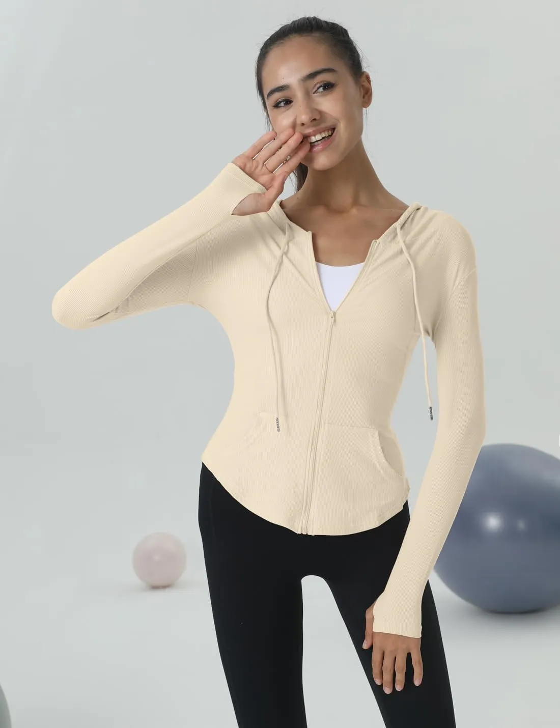 Locachy Womens Slim Fit Full Zip Hoodie Athletic Jacket Yoga Workout Running Jackets with Thumb Holes