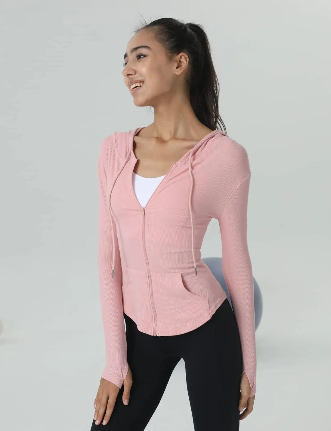 Locachy Womens Slim Fit Full Zip Hoodie Athletic Jacket Yoga Workout Running Jackets with Thumb Holes