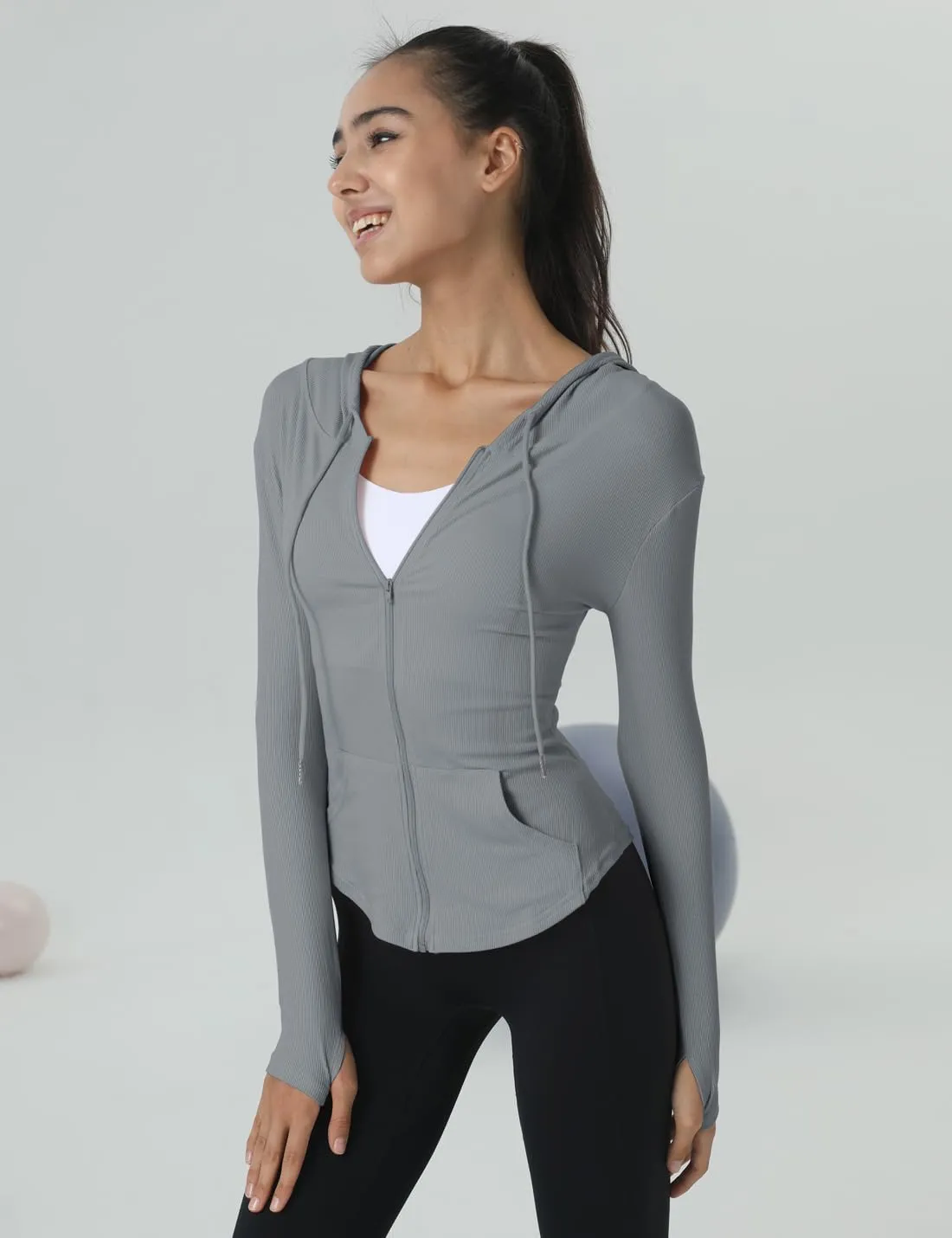 Locachy Womens Slim Fit Full Zip Hoodie Athletic Jacket Yoga Workout Running Jackets with Thumb Holes