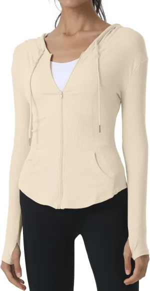 Locachy Womens Slim Fit Full Zip Hoodie Athletic Jacket Yoga Workout Running Jackets with Thumb Holes