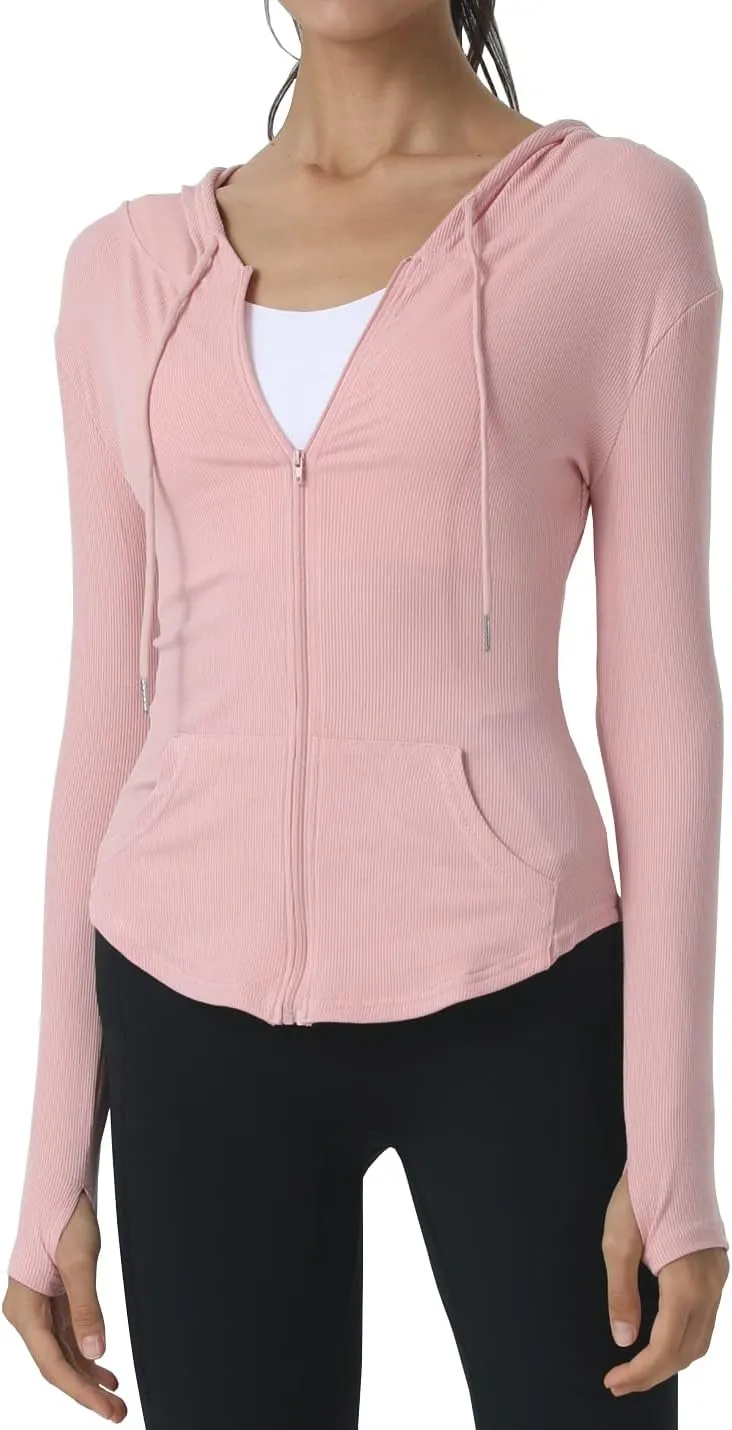 Locachy Womens Slim Fit Full Zip Hoodie Athletic Jacket Yoga Workout Running Jackets with Thumb Holes