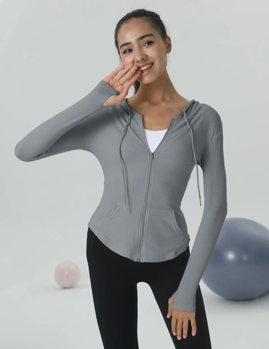 Locachy Womens Slim Fit Full Zip Hoodie Athletic Jacket Yoga Workout Running Jackets with Thumb Holes