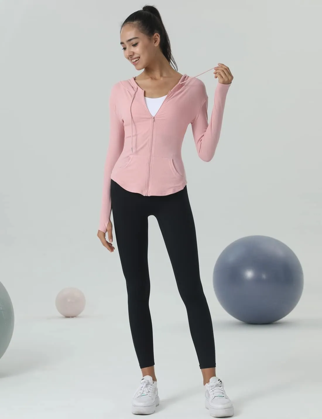 Locachy Womens Slim Fit Full Zip Hoodie Athletic Jacket Yoga Workout Running Jackets with Thumb Holes