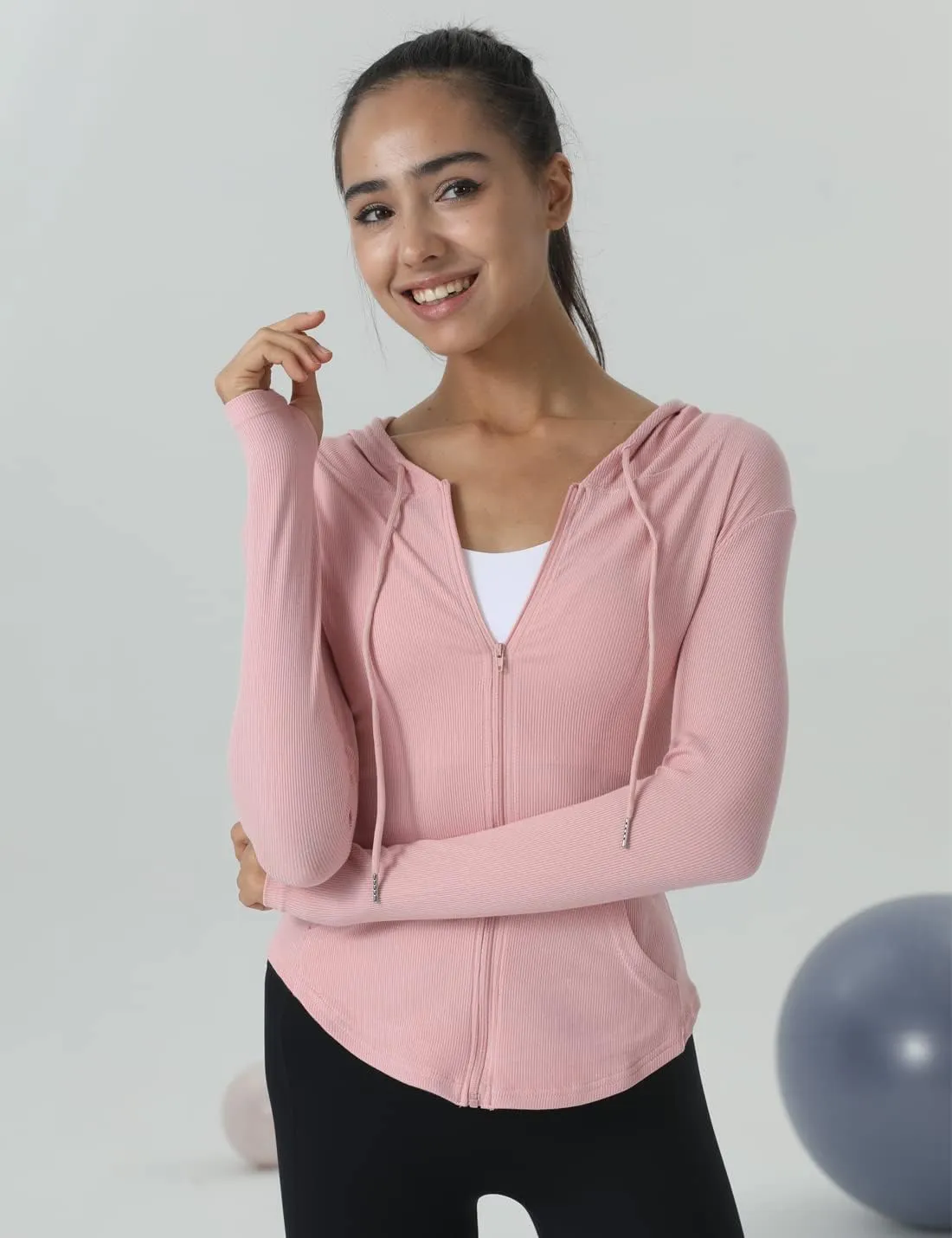 Locachy Womens Slim Fit Full Zip Hoodie Athletic Jacket Yoga Workout Running Jackets with Thumb Holes