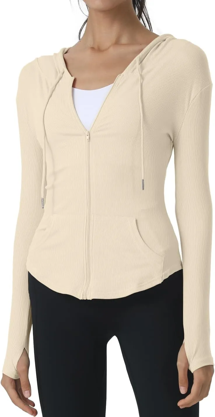 Locachy Womens Slim Fit Full Zip Hoodie Athletic Jacket Yoga Workout Running Jackets with Thumb Holes