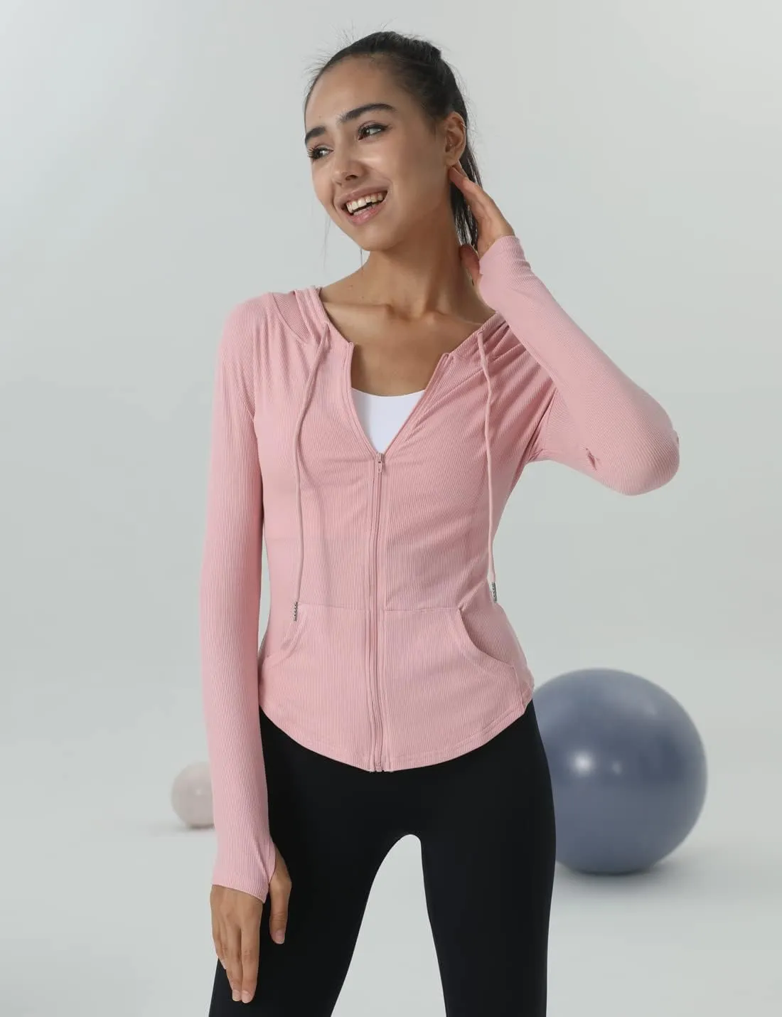 Locachy Womens Slim Fit Full Zip Hoodie Athletic Jacket Yoga Workout Running Jackets with Thumb Holes
