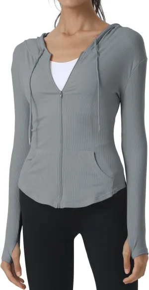 Locachy Womens Slim Fit Full Zip Hoodie Athletic Jacket Yoga Workout Running Jackets with Thumb Holes