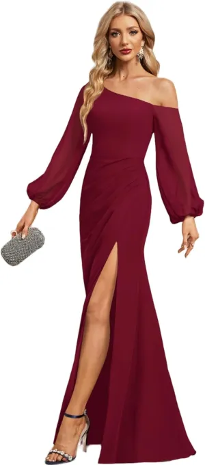 Long Sleeve Asymmetrical Bridesmaid Dresses for Wedding Chiffon Mermaid One Shoulder Long Formal Party Gowns with High Slit