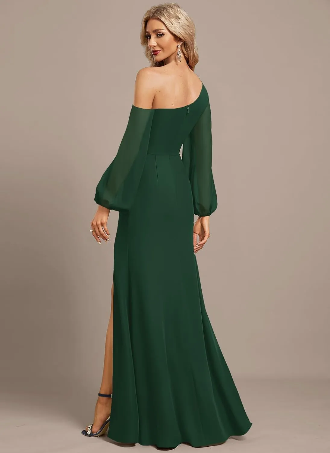 Long Sleeve Asymmetrical Bridesmaid Dresses for Wedding Chiffon Mermaid One Shoulder Long Formal Party Gowns with High Slit