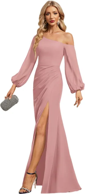 Long Sleeve Asymmetrical Bridesmaid Dresses for Wedding Chiffon Mermaid One Shoulder Long Formal Party Gowns with High Slit