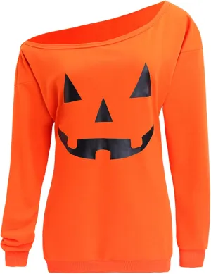 lymanchi Women Slouchy Shirts Halloween Pumpkin Long Sleeve Sweatshirts Pullover