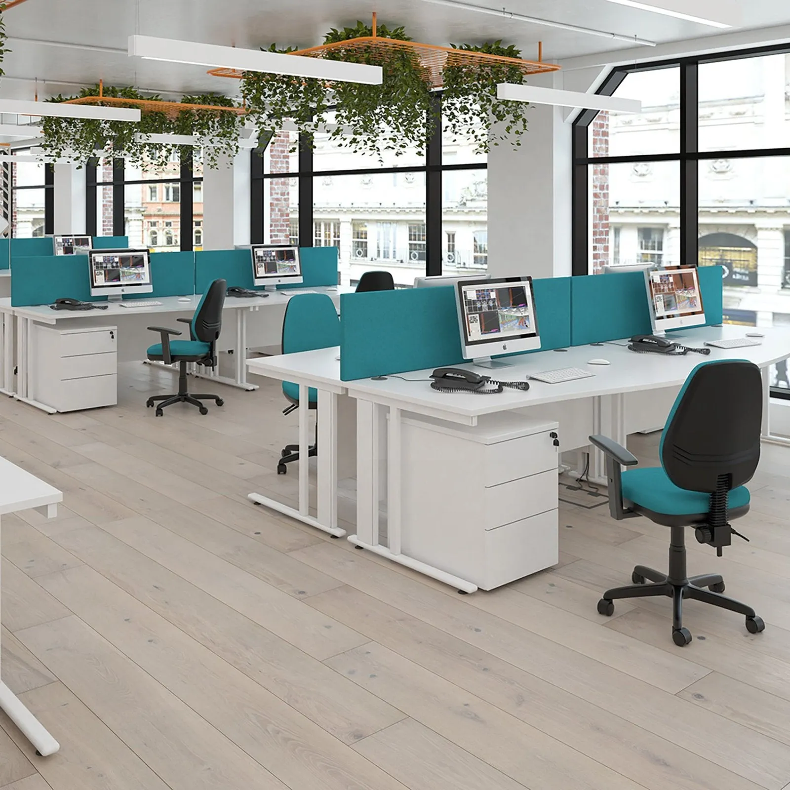 Maestro 25 cable managed left hand wave desk with 3 drawer pedestal