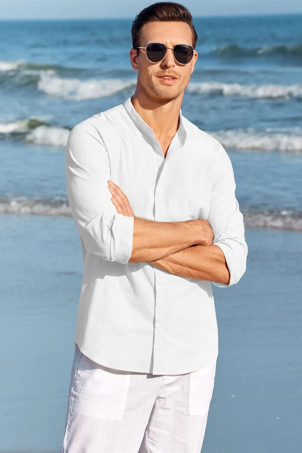 Makkrom Men Linen Shirt Button Down Long Sleeve Cotton Beach Band Collar Casual Summer Shirts