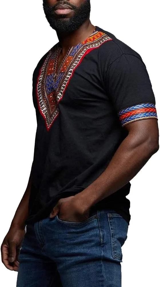 Makkrom Mens African Dashiki T Shirt Tribal Floral Print V Neck Slim Fit Shirts Tops