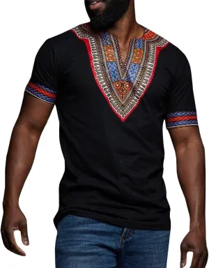 Makkrom Mens African Dashiki T Shirt Tribal Floral Print V Neck Slim Fit Shirts Tops