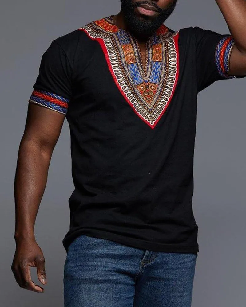 Makkrom Mens African Dashiki T Shirt Tribal Floral Print V Neck Slim Fit Shirts Tops